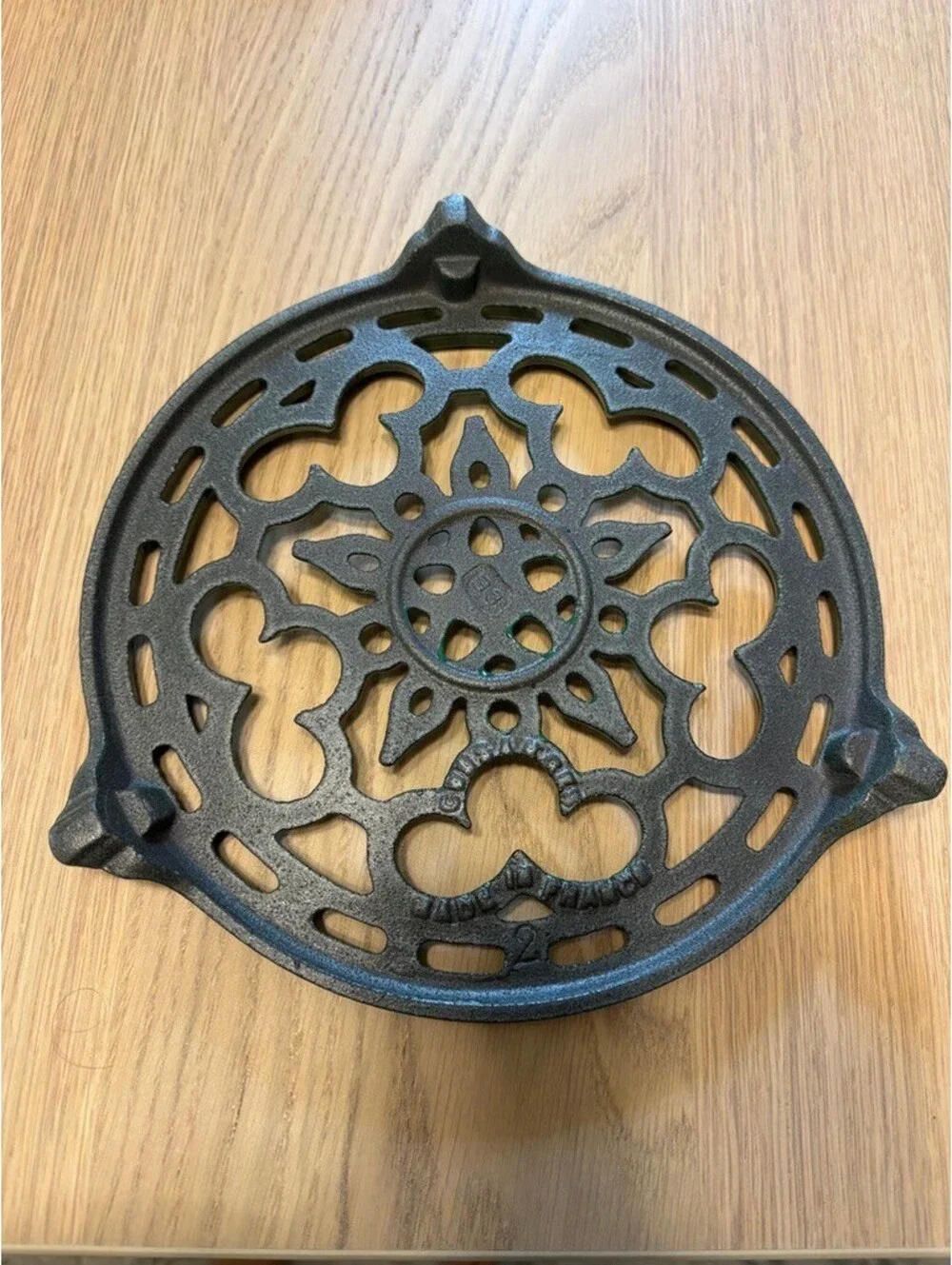 Vintage Le Creuset France Green Enameled Cast Iron Trivet Round Floral